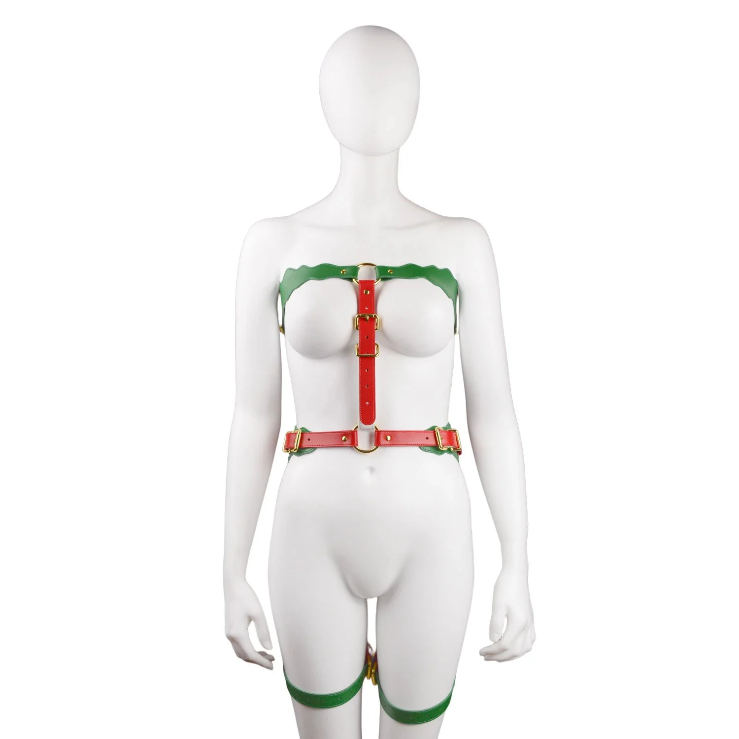 Christmas-themed leather restraints designed for female body bondage during roleplay to enhance sexual experiences