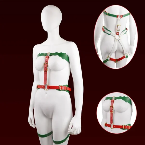 Christmas-themed leather restraints designed for female body bondage during roleplay to enhance sexual experiences