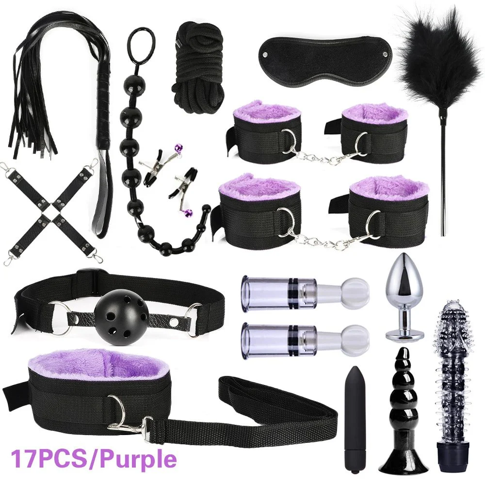 Erotic Handcuffs Nipple Clamps Gag Whip Rope Bondage Gear Sex Toys for Couples Sex Bondage Set