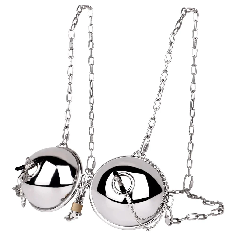 Heavy Duty Stainless Steel Breast Bondage Bra with Lock and Chains Metal Breast Cover Cups for Slave Play