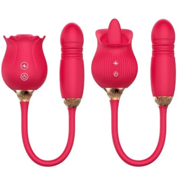 Rose Flower Shaped Silicone Dildo Vibrator Woman's Thrusting Tongue Extension Sex Toy with Clit Sucking Feature