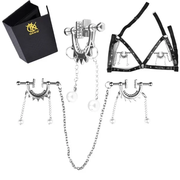 Leather harness With Chained Nipple Clamps,Leather Bondage Nipple Clamps,Nipple Clamps Stimulator,adjustable nipple clamps