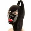 Latex Hood Mask with Mouth Red Trim Eyes Nose Hole with Zipper Ponytail Wigs Adult Black Sex Mask