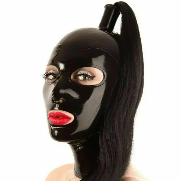 Latex Hood Mask with Mouth Red Trim Eyes Nose Hole with Zipper Ponytail Wigs Adult Black Sex Mask