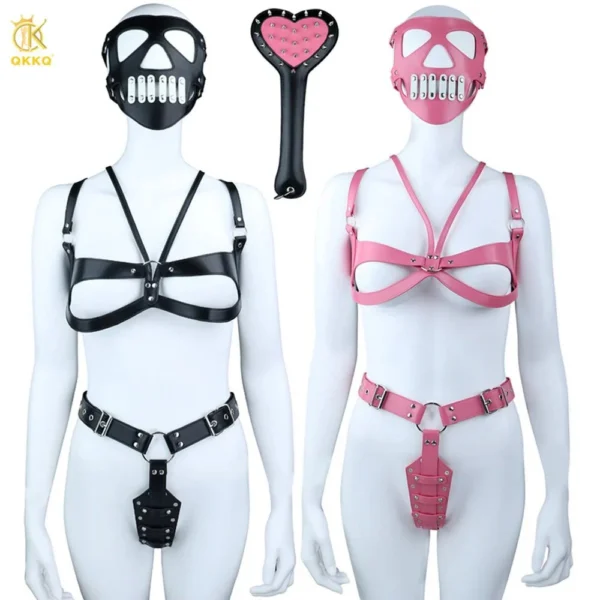 Pink and Black Women's Body Harness Set with Studded Design Light Sensory Stimulation Made of Premium PU Leather Material
