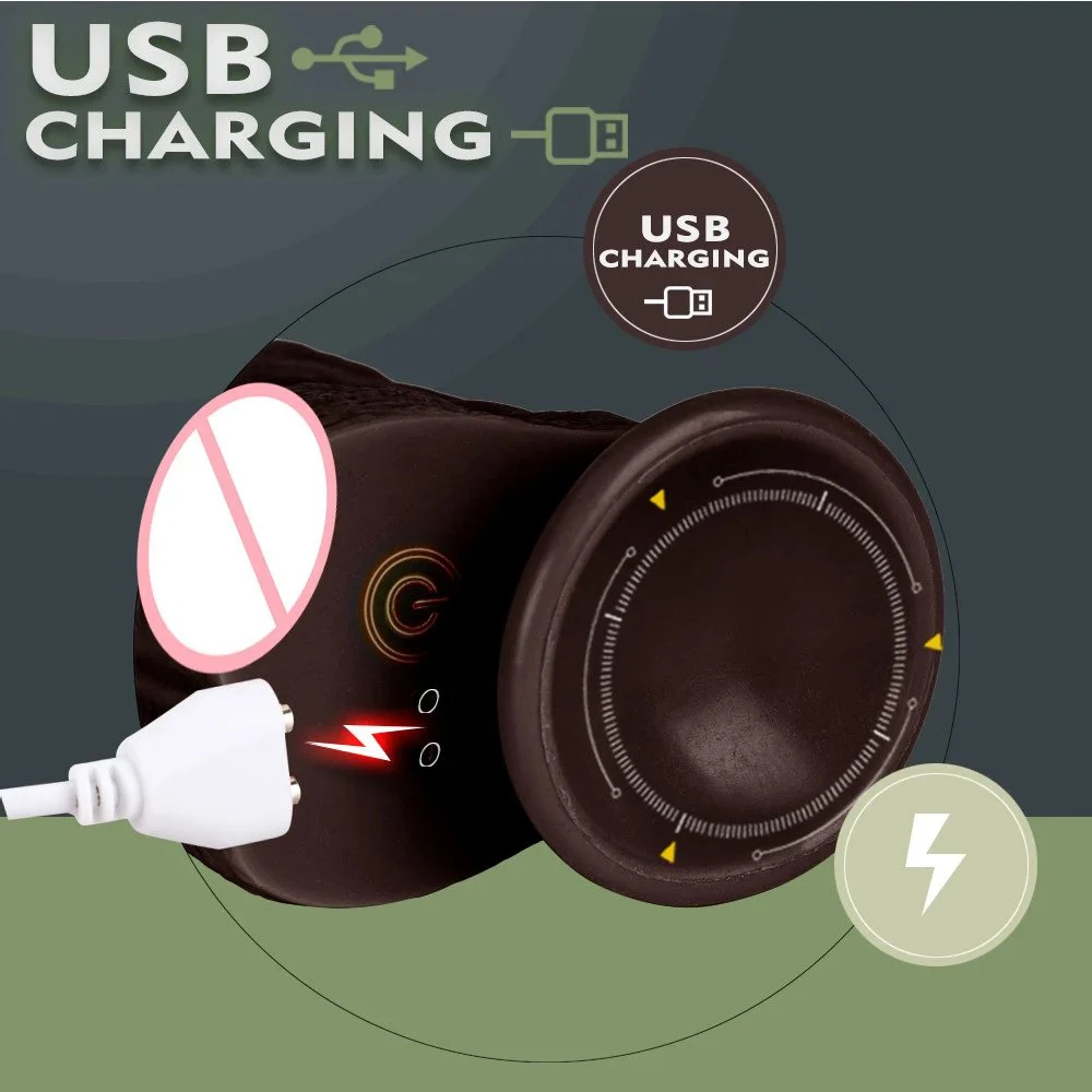 Rechargeable Telescopic Rotating Thrusting Dildo Vibrator Women Sex Toys Silicone Realistic Big Dark Brown Dildo
