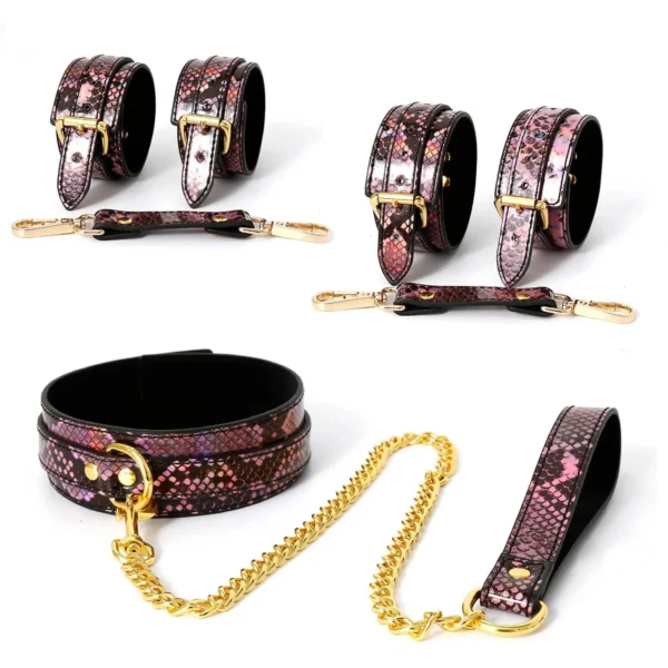 PU Leather Bondage Kit Snake Pattern Fetish Adult Game Sex Bondage Restraints Sets Handcuffs Legcuffs Collar with Leash