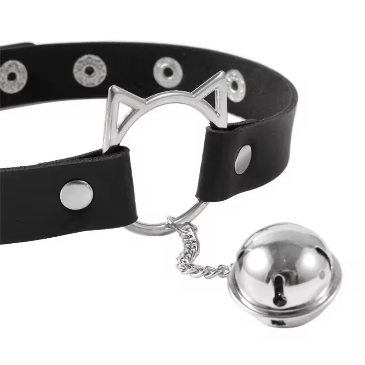 Hot Sexy Sm Bondage Fetish Cosplay Leather Metal Tassel Bell Pendant Hollow Cat Ear Rivet Necklace Choker