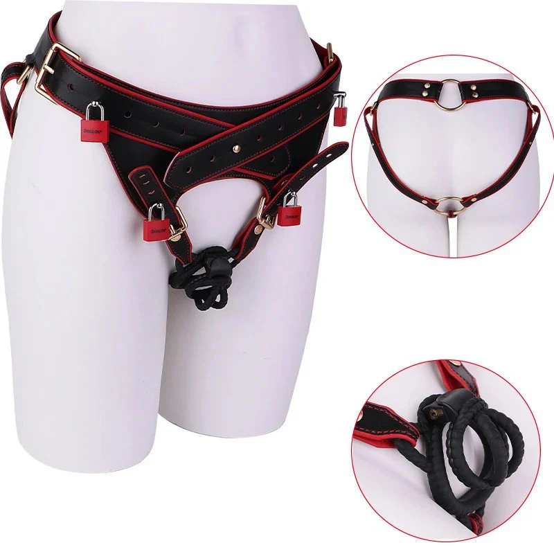 Red & Black Lockable Bondage Pants with Detachable Straps & Chastity Cage - Premium Microfiber Leather Harness for Couples