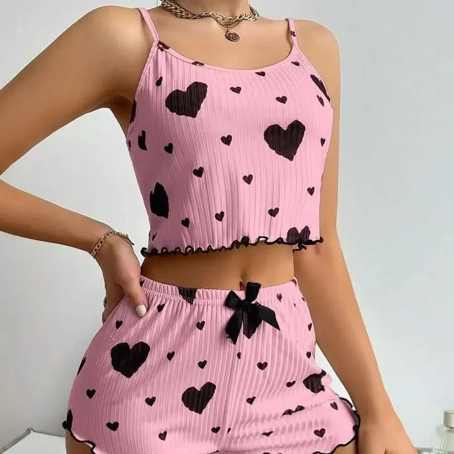 2PCS Love Printed Heart Print Cami Top and Shorts Sleepwear Set Sexy Women Pajamas