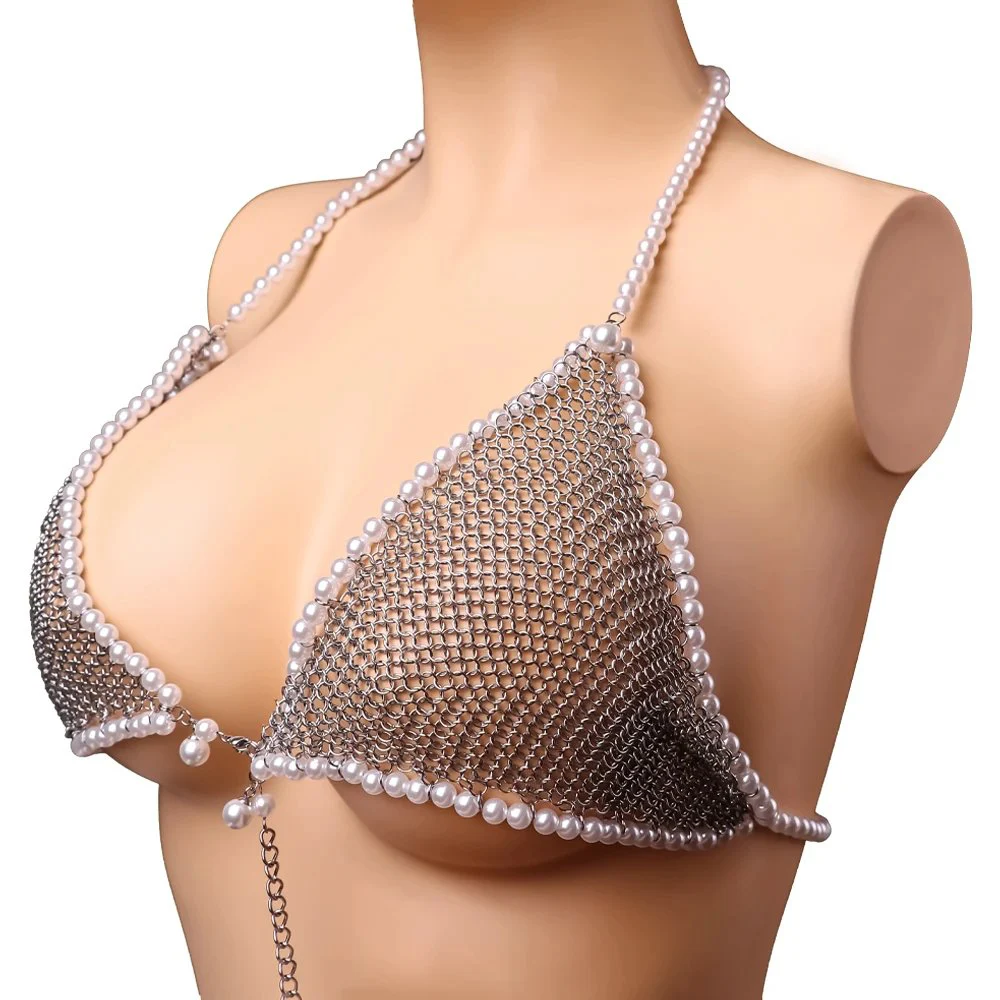 New Style Sexy Mesh Stainless Steel Breast Bra Pearl Choker Necklace Style Nipple Bra for Female Sex Bondage