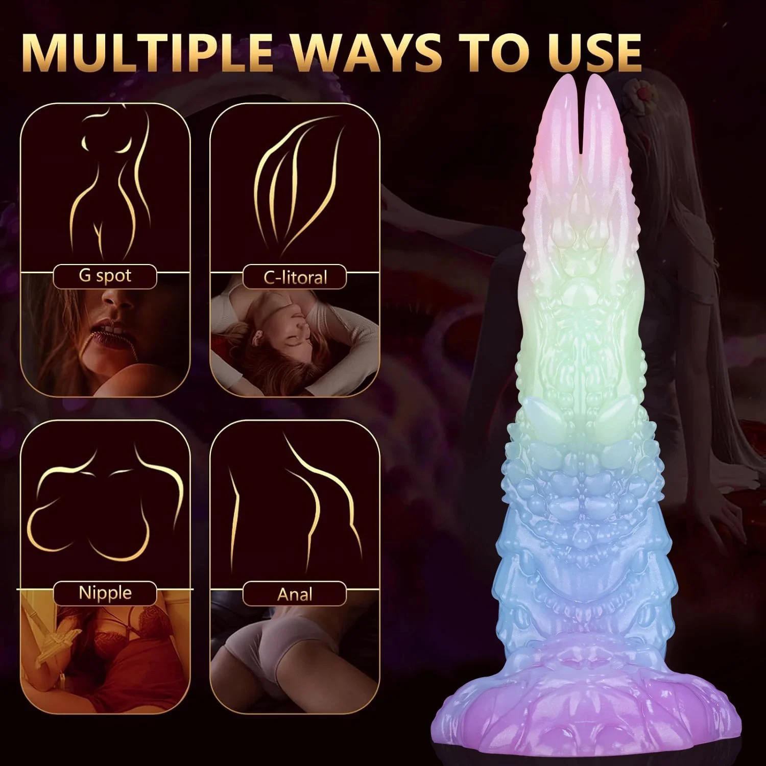 Big Monster Alien Luminous Double Headed Tongue Dildo Suction Silicone Dragon Glow Dark Dinosaur Anal Plug Soft Adult 100%