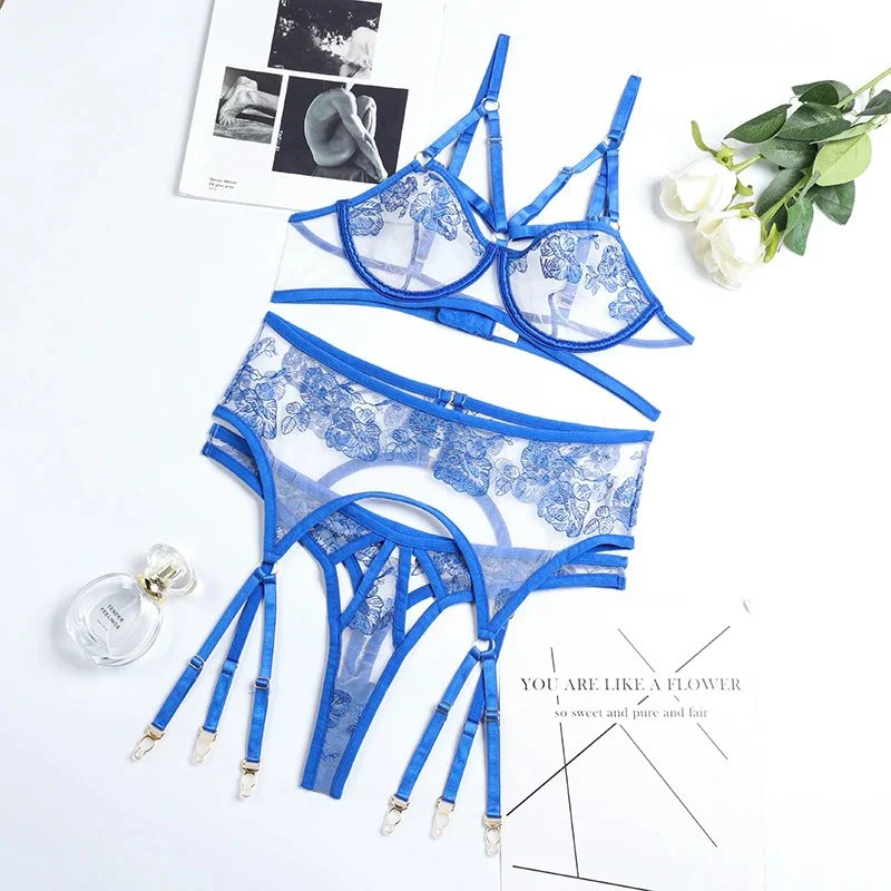 Transparent Lace Embroidery Polyester Fiber Women Sexy Lingerie Bra Set Ladies Floral Black Underwear Set
