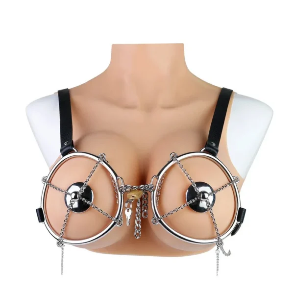 Fetish Chest Diamond Shield Metal Stainless Steel Chest Helmet PU Leather Bondage Couple Flirting Sex Toys