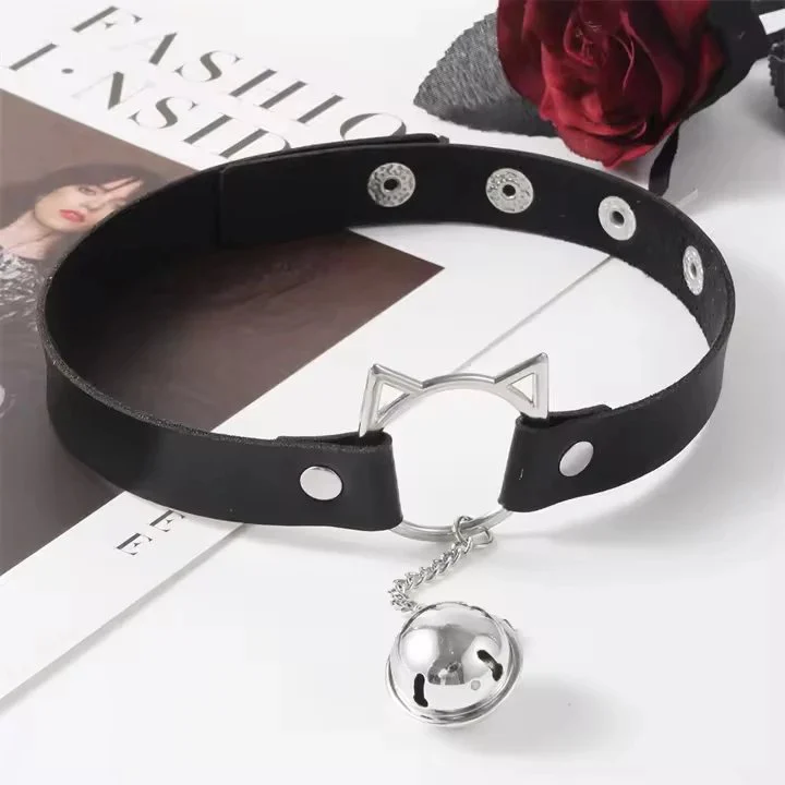 Hot Sexy Sm Bondage Fetish Cosplay Leather Metal Tassel Bell Pendant Hollow Cat Ear Rivet Necklace Choker