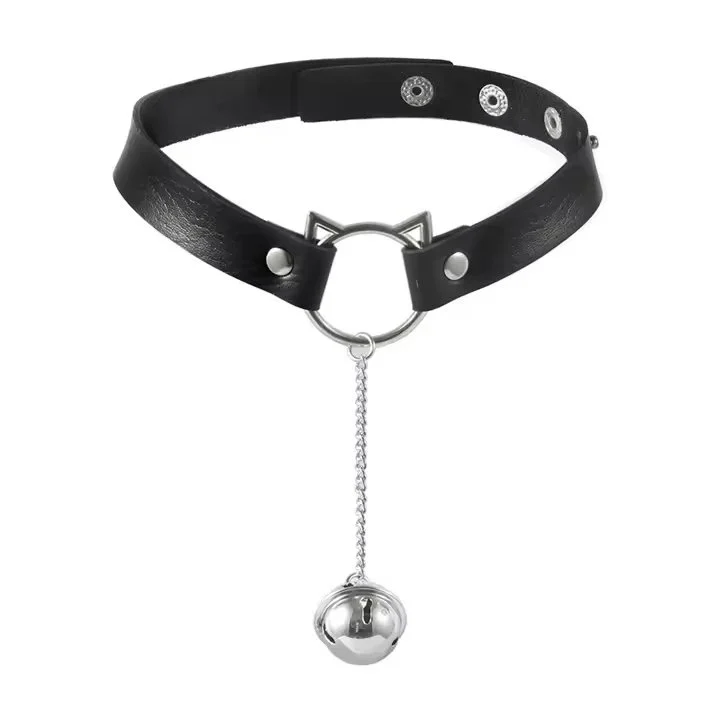 Hot Sexy Sm Bondage Fetish Cosplay Leather Metal Tassel Bell Pendant Hollow Cat Ear Rivet Necklace Choker