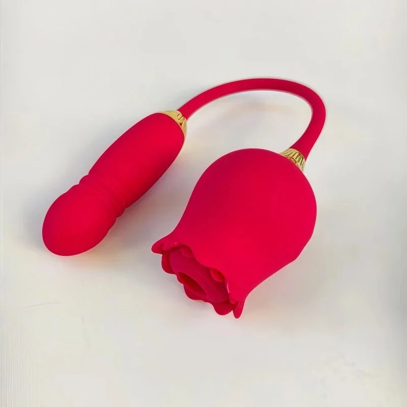 Rose Flower Shaped Silicone Dildo Vibrator Woman's Thrusting Tongue Extension Sex Toy with Clit Sucking Feature