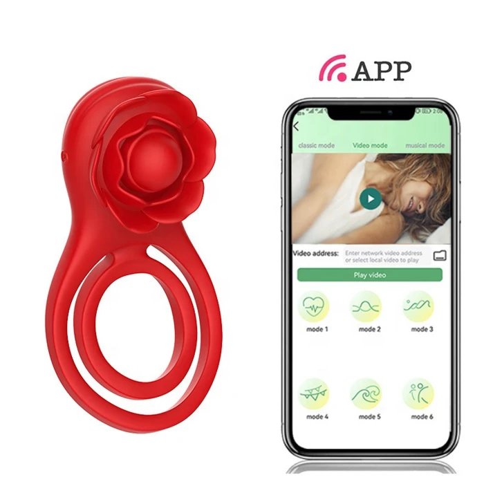 APP Controlled Men's Pleasure Penis Ring Vibrator with 10 Vibrations Cock Ring with Rose Clitoral Stimulating