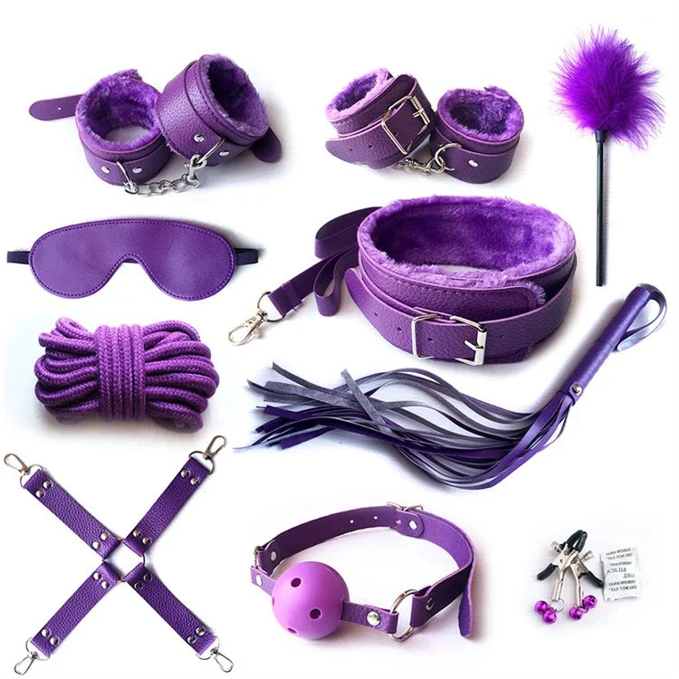 Sexy Whip Handcuffs Rope Nipple Calmps Gag Ball PU Leather Soft Sex Game Restraint 10 PCS Bondage Kit