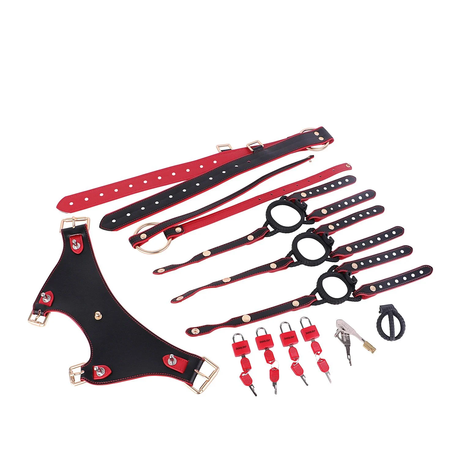 Red & Black Lockable Bondage Pants with Detachable Straps & Chastity Cage - Premium Microfiber Leather Harness for Couples