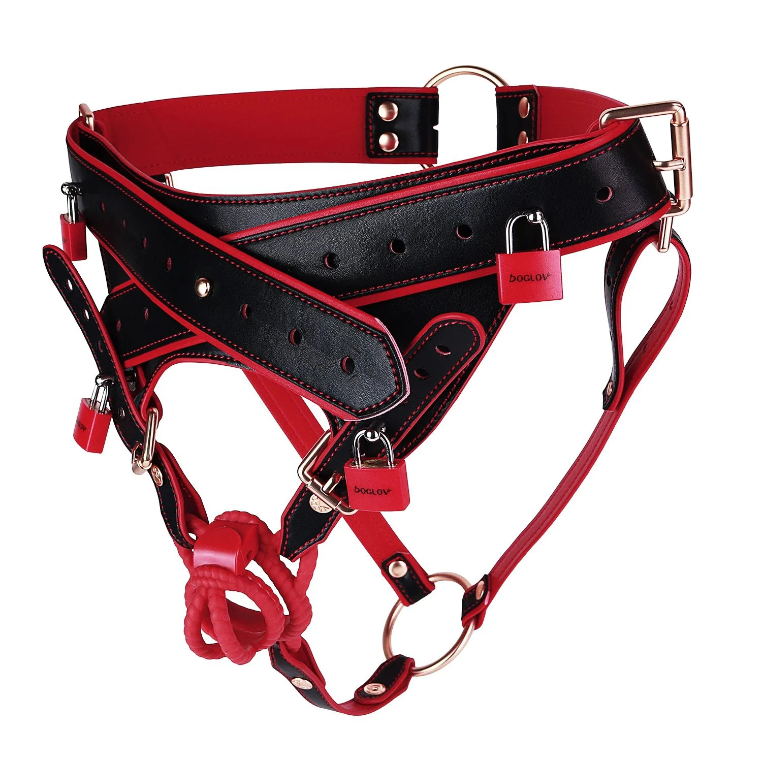 Red & Black Lockable Bondage Pants with Detachable Straps & Chastity Cage - Premium Microfiber Leather Harness for Couples