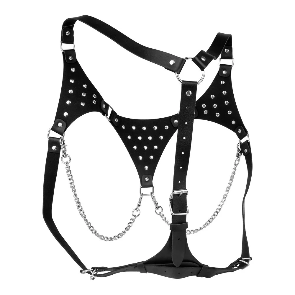 PU Leather ,alloy Metal Psyche Goddess Nipple Clamps Chainmail Spiked Armor Adjustable Leather Bra Couple Flirting Sex Toy