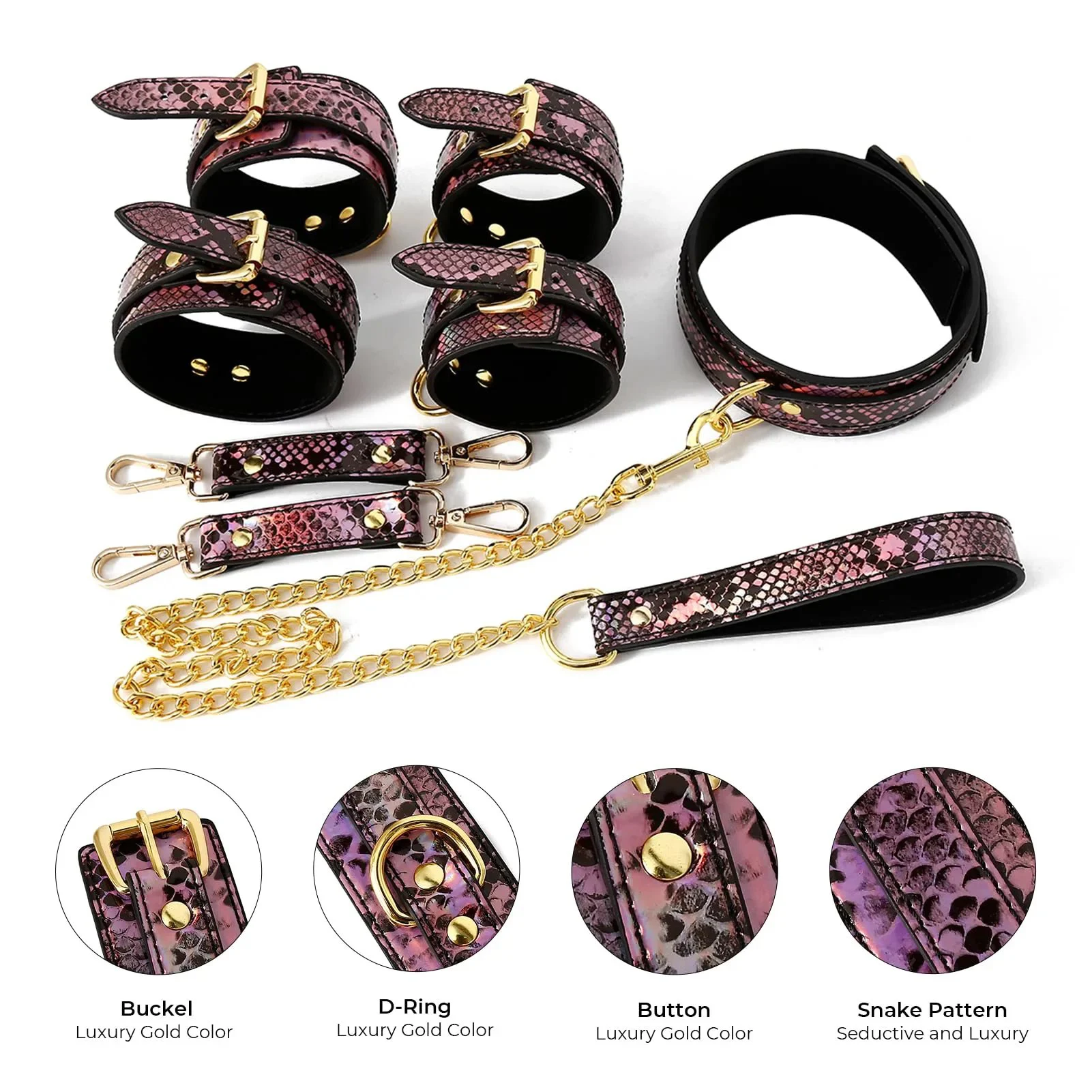 PU Leather Bondage Kit Snake Pattern Fetish Adult Game Sex Bondage Restraints Sets Handcuffs Legcuffs Collar with Leash