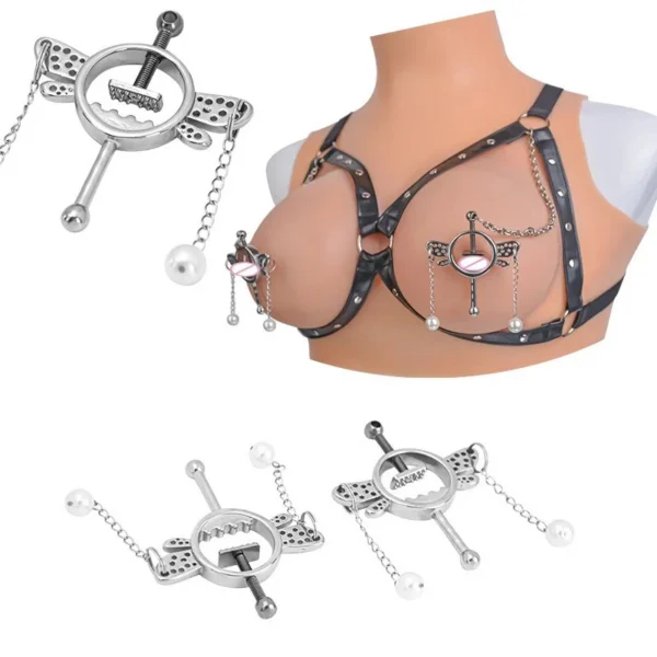 Leather Cupless Bra Restrain Sex Toy for Men Leather Harness Weighted Nipple Clamp Bondage Gear