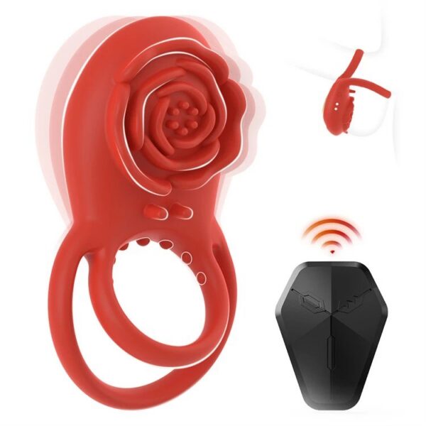 Magnetic USB Waterproof 8 Vibration Modes Rose Shaped Vibrating Cock Ring With Rose Clitoral Stimulator