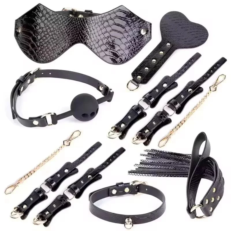 Sex Toys Props Crocodile Pattern 7-Piece Set Handcuffs Shackles Ball Whip Chain Collar Toolbox Packaging Adult Fun Toys