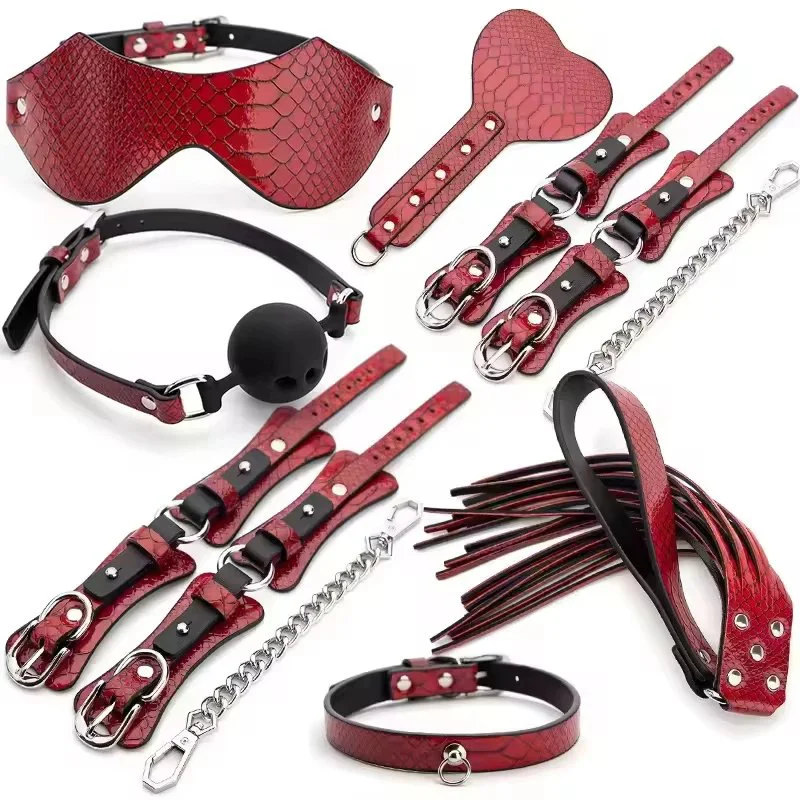 Red Snake Skin Bondage Set With Blindfold Gag Cuffs Paddle Flogger Collar Harness Restraints Tickler Clamps