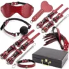 Red Snake Skin Bondage Set With Blindfold Gag Cuffs Paddle Flogger Collar Harness Restraints Tickler Clamps