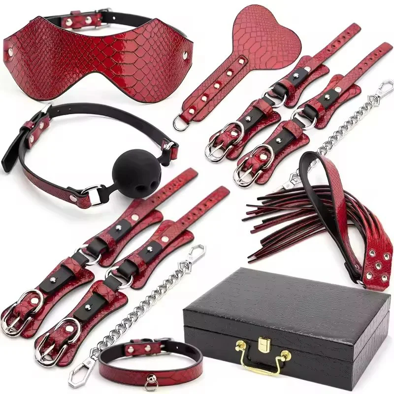 Red Snake Skin Bondage Set With Blindfold Gag Cuffs Paddle Flogger Collar Harness Restraints Tickler Clamps