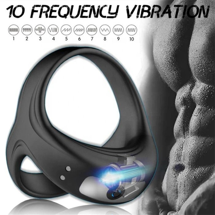 10 Frequency Vibrating Silicone Cock Ring with Dual Holes Penis Ring Male Sex Toys for Delay Ejaculation
