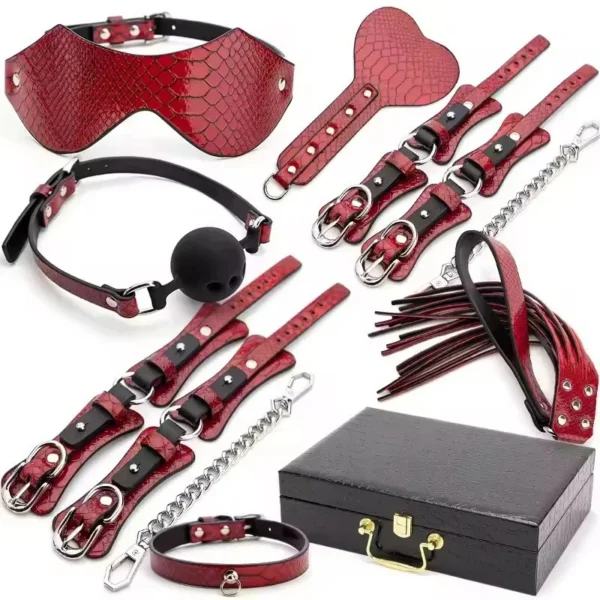 Sex Toys Props Crocodile Pattern 7-Piece Set Handcuffs Shackles Ball Whip Chain Collar Toolbox Packaging Adult Fun Toys