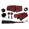 Six Piece Scarlet Brocade Style Corset and Cuff Restraint Kit Red Satin Waist Fetish Bondage Gear Kit Set for Women Couples