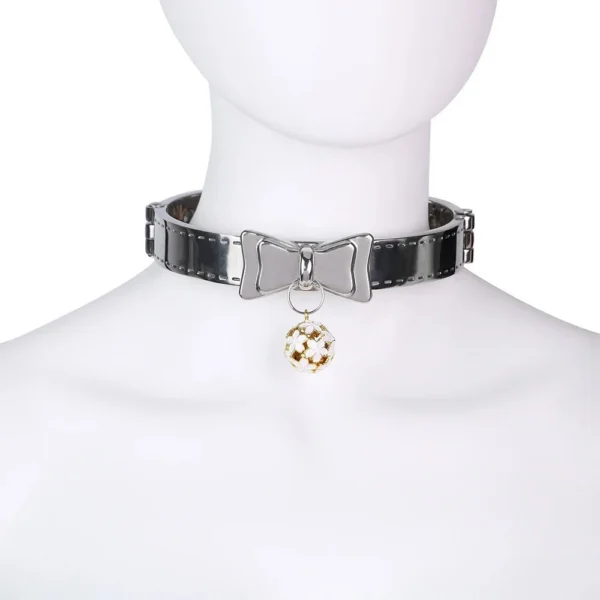 PU Leather Adjustable Neck Collar with Bow & Metal Leash Chain Bondage Neck Restraint Set