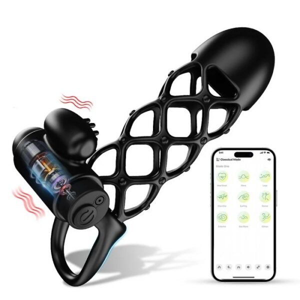 APP Controlled 10 Frequency Silicone Vibrating Penis Sleeve Double-Locking Cock Ring for Couple Stimulation Sex Toys