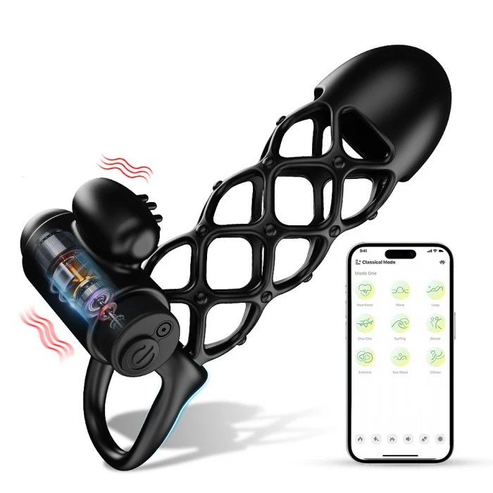APP Controlled 10 Frequency Silicone Vibrating Penis Sleeve Double-Locking Cock Ring for Couple Stimulation Sex Toys