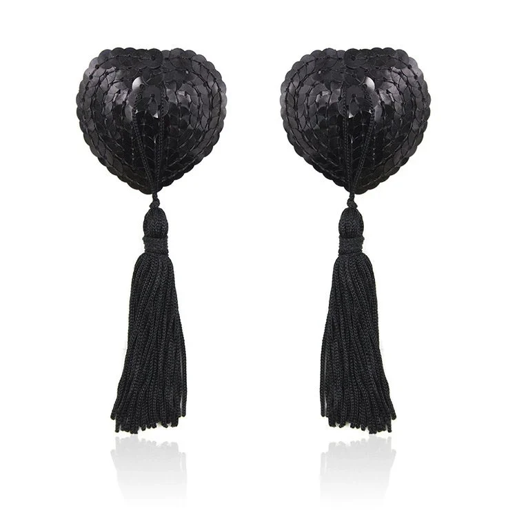 Women Sexy Sequin Heart Chest Covers Stick Breast Bra Nipple Cover Adhesive Sexy Nipple Pasties with Tassel