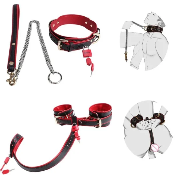 Restraint Set Collar Testicle Wrist Restraint Strap Double-Layer Restraint for Male Submission Play Black & Red