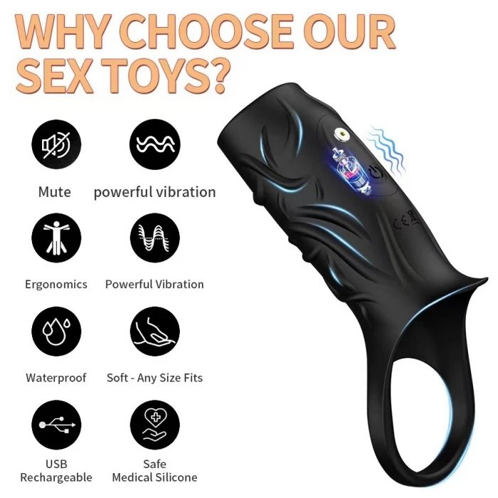 USB Rechargeable Black Silicone Cock Ring Penis Sleeve Extender & Vibrator Sex Toys Dildo Black Dildo Penis Extension Sleeve