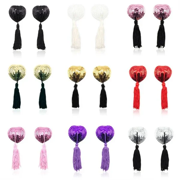 Women Sexy Sequin Heart Chest Covers Stick Breast Bra Nipple Cover Adhesive Sexy Nipple Pasties with Tassel