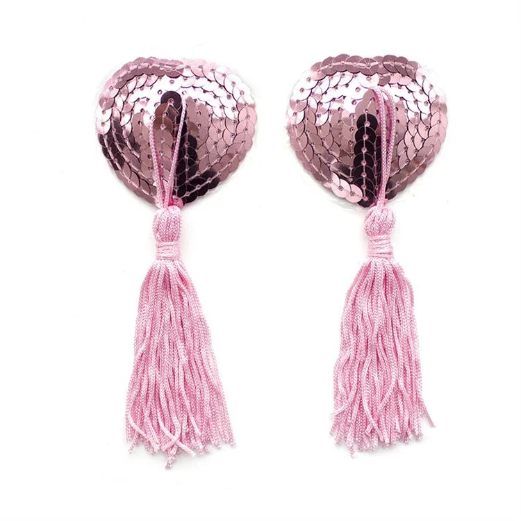 Women Sexy Sequin Heart Chest Covers Stick Breast Bra Nipple Cover Adhesive Sexy Nipple Pasties with Tassel