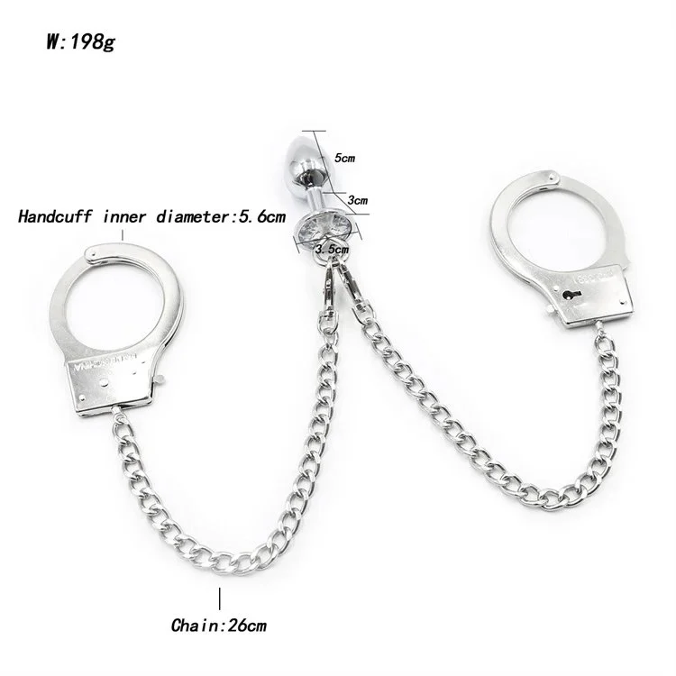 Toy Stainless Steel Anal Plug Long Chains Wrist Restraints Cuff Butt Plug Sexy Handcuffs with Anal Plug