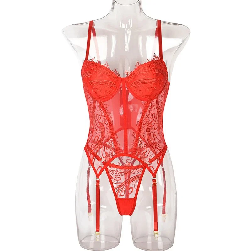 Red Embroidery Floral Ladies Shaping Underwear Women Lace Mesh G-string See Through Femme Sexy Lingerie Set