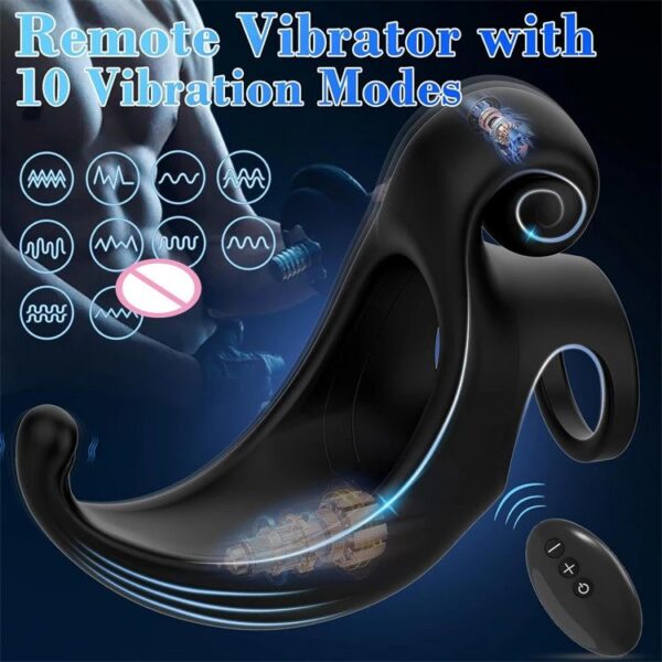 USB 10 Frequency Snail Vibrating Cock Ring Vibrator With Anal Plug for Male Sex Toys