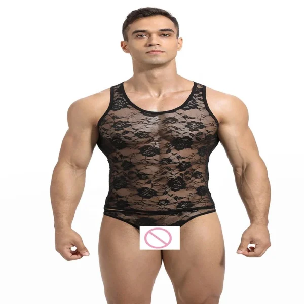 Men Rose Hollow Transparent Mesh Sleeveless Tops Vest T Shirts Sexy Man Vest Singlet Gay Male Lace Undershirt