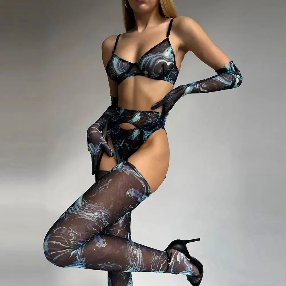 5-Piece Camouflage Intimate Mesh See Through Sensual Outfits Tie Dye Lingerie Sexy Fancy Women Underwear With Stocking Sleeve