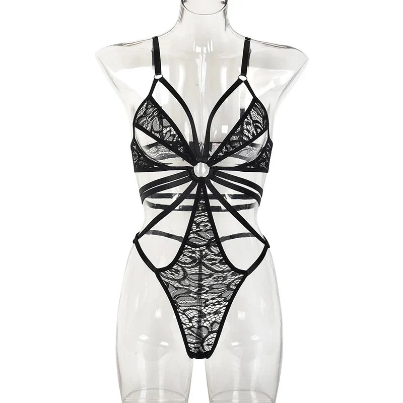 Hollow Out Design Multi-Strap Chest Ring Cutout Lace Shaping Bodysuit Underwear Women Sexy Nightwear Erotic Lingerie Set